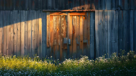 Rustic Wooden Barn Door with Reclaimed Wood Accents in Sunlit Field of Wildflowers - Concept of...
