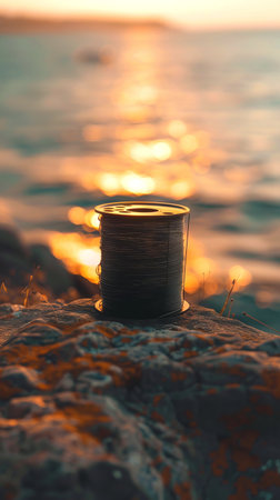 Spool of high-strength fishing line on rocky shore at sunset - concept of outdoor adventure, fishing...