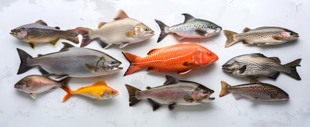 Assorted fresh neat fishly arranged on display surface. concept of marine diversity, seafood...