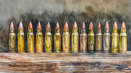 Watercolor Illustration of Bullets in a Row on Wooden Background. Concept of Weaponry, Military Equipment, and Artistic Expression.の写真素材