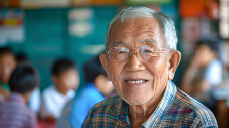 Elderly Asian Male Teacher Smiling Broadly in a Classroom Setting. Concept of Education, Wisdom, Cultural Heritage, and Lifelong Learning. Copy space.のeditorial素材
