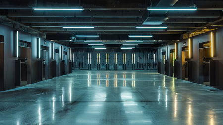 Modern Indoor Shooting Range with Neon Lighting and Sleek Design. Concept of Advanced Sports Facilities, Architectural Innovation, High-Tech Spaces.の写真素材