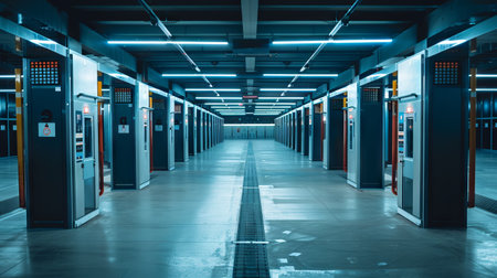 Modern Underground Shooting Range with Empty Stalls and Illuminated Blue Lighting. Concept of...