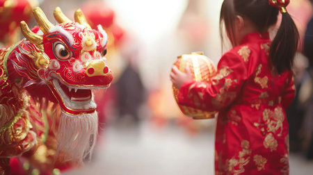 Young Asian Girl Holding Lantern in Chinese New Year Celebration with Dragon Dance. Concept of Cultural Heritage, Festive Tradition, Childhood Wonder, and Joyful Celebration.の写真素材