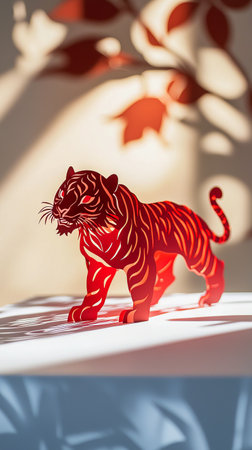 Red Paper Cutout of a Tiger in Chinese Art Setting. Concept of Tradition, Culture, Craftsmanship, and Year of the Tiger Symbolism. Chinese New Year. Vertical.の写真素材
