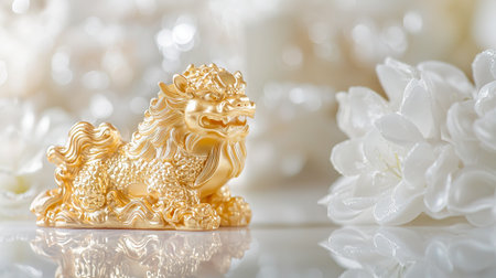 Golden Figurine of a Chinese Guardian Lion with White Flowers Close-Up, Concept of Good Fortune, Prosperity, Feng Shui, and Chinese New Year Traditions. Copy space.の写真素材