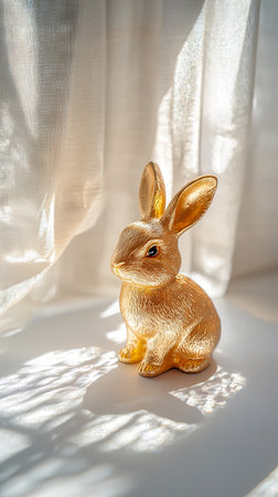 Golden Rabbit Figurine in Sunlight by a Window Reflecting Serenity and Elegance in a Calm Domestic Setting. Chinese New Year. Vertical.の写真素材