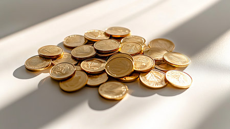 Pile of Gold Coins Sparkling in Sunlight on White Surface Concept of Wealth Investment Prosperity...