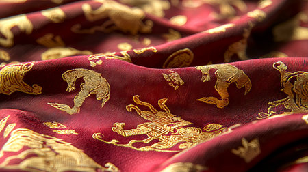 Close-Up of Red and Gold Fabric with Zodiac Patterns: Luxurious Textile Design, Chinese New Year...