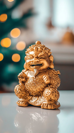 Close-Up of a Small Golden Chinese Statue on a Reflective Surface. Concept of Cultural Symbolism, Tradition, Prosperity, and Decorative Art. Chinese New Year. Vertical.の写真素材
