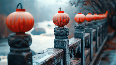 Chinese New Year Lanterns Adorning Stone Bridge in Misty Forest Setting. Concept of Cultural Celebration, Architectural Beauty, Tradition, Tranquility, and Nature Harmony.の写真素材
