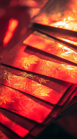 Close-Up of Red Envelopes with Gold Leaf Patterns for Chinese New Year Celebration, Concept of...