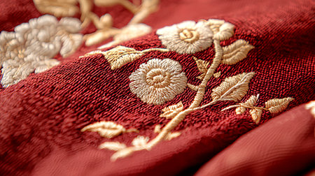 Detailed Embroidery Art of Chinese New Year Zodiac on Red Fabric Celebrating Cultural Heritage and...