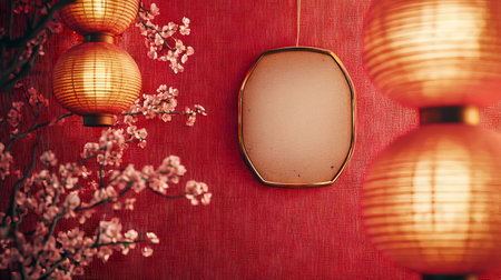 Elegant Chinese New Year Illustration with Festive Lanterns and Cherry Blossoms Concept of Celebration, Tradition, Lunar New Year, Asian Culture, Festive Decor. Copy space.の写真素材