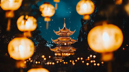 Chinese New Year Celebration with Glowing Lanterns and Illuminated Pagoda at Night. Concept of Cultural Heritage, Festiveness, Lights, Tradition.の写真素材
