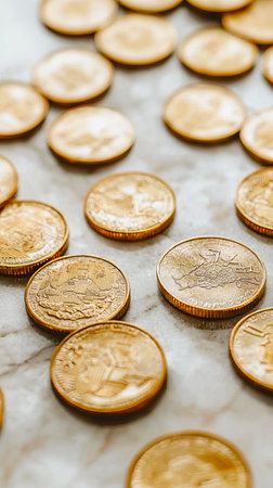 Golden Coins Scattered on Marble Surface: Concept of Wealth, Prosperity, Chinese New Year...