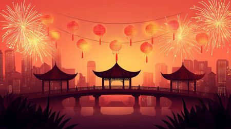 Vibrant Modern Cityscape with Traditional Chinese New Year Celebration Lanterns and Fireworks Art. Concept of Cultural Festiveness, Urban Landscape, Festive Atmosphere, and Heritage. Art.の写真素材