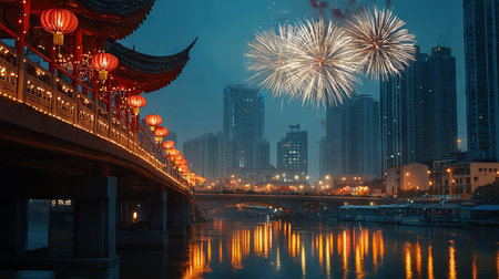 Chinese New Year Celebration with Fireworks Over Modern Cityscape, Illuminated Bridge and Skyscrapers. Concept of Cultural Festivities, Urban Traditions, Festive Night, Vibrant Lights.の写真素材