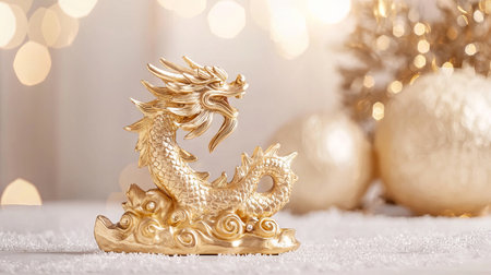 Golden Dragon Sculpture with Festive Decoration in a Modern Chinese New Year Setting. Concept of celebration, prosperity, tradition, and cultural heritage. Copy space.の写真素材