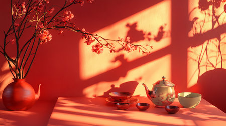 Sunlit Still Life of Traditional Asian Tea Set and Cherry Blossoms on Vibrant Red Background. Concept of Cultural Heritage, Tranquility, and Elegant Interior Design. Chinese New Year. Copy space.の写真素材