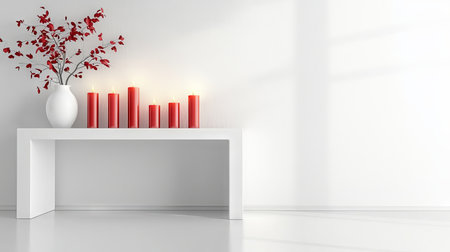 Elegant Modern Living Room with Red Candles and Vase of Leaves for a Contemporary Chinese New Year Celebration. Chinese New Year. Copy space.の写真素材
