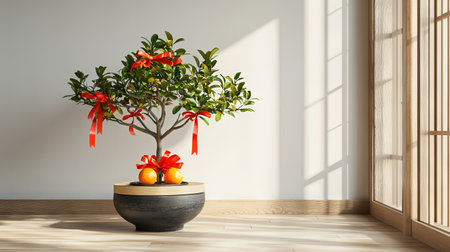 Modern Living Room with Small Orange Tree Decorated with Red Ribbons, Celebrating Chinese New Year. Concept of Festive Home Interior Design, Lucky Symbols, and Cultural Traditions.の写真素材