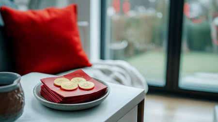 Modern Living Room with Red Envelopes and Coins for Chinese New Year Celebration, Symbolizing...