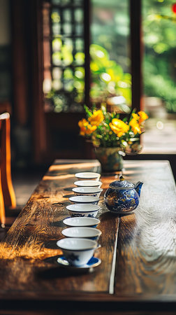 Traditional Chinese Tea Set Arranged on a Wooden Table with Blooming Flowers, Capturing Cultural...