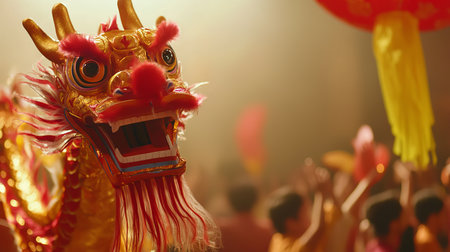 Vibrant Red and Gold Dragon Puppet Celebrating Chinese New Year. Concept of Cultural Festivities, Traditional Dance, Community Celebration.の写真素材