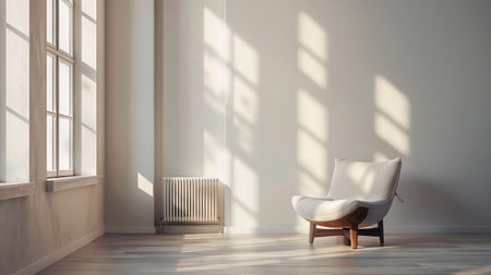 Modern Minimalist Interior with Sunlit White Radiator and Cozy Armchair - Concept of Contemporary Design, Comfort, and Natural Light in Living Spaces.の写真素材