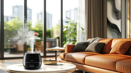 Stylish Black Humidifier in Modern Living Room with Marble Side Table Concept of Contemporary Home Decor, Urban Lifestyle, and Functional Design Accessories.の写真素材