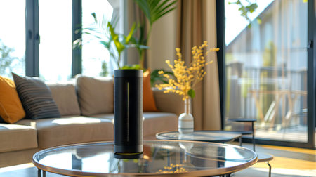 Sleek Black Air Ionizer in Modern Living Room with Sunlight and Greenery. Concept of Clean Air,...