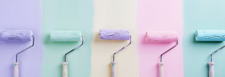 Pastel Paint Rollers in Pink, Blue, Lavender, and Green on Colorful Walls with colorful paint strokes - Concept of Interior Design, Home Decor, Creative Art, and DIY Inspiration.の写真素材