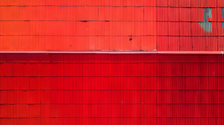 Close-Up of Red Metal Roof Panels with Visible Texture and Lines. Concept of Industrial Architecture, Construction Materials, Modern Design, and Urban Buildings. Background.の写真素材