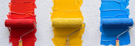 Colorful Paint Rollers in Red, Yellow, and Blue on Textured Wall with colorful paint strokes -...