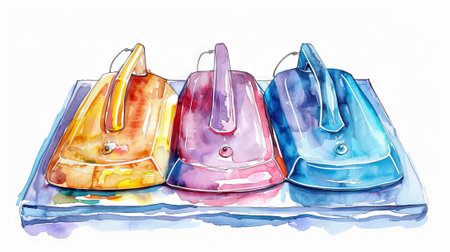 Watercolor illustration of three vintage irons in vibrant yellow, purple, and blue shades on a white background. Concept of retro appliances, artistic depiction, nostalgic design, colorful home tools.の写真素材