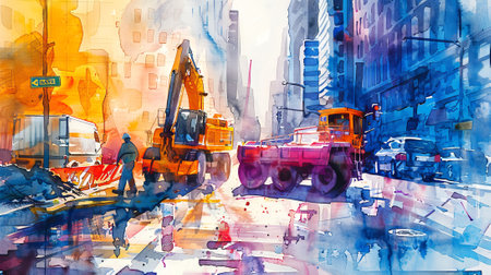 Watercolor Illustration of a Busy Urban Construction Scene with Machinery and Workers, Concept of City Development, Infrastructure, and Industrial Progress.の写真素材