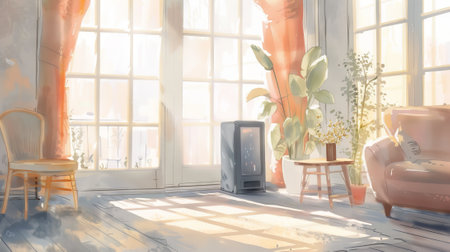 Cozy Sunlit Living Room with Plants and Chic Black Space Heater Watercolor Art. Concept of Warm Interior Design, Natural Light, Comfort, Home Decor.の写真素材