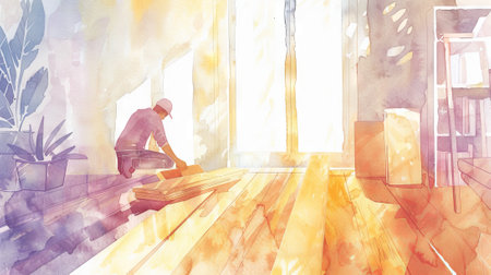 Watercolor Art of a Construction Worker Kneeling with Wooden Planks in Sunlit Room. Concept of Home Renovation, Interior Design, Craftsmanship, and Natural Light.の写真素材