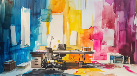 Vibrant Watercolor Illustration of a Colorful Home Office with Modern Desk and Chair Concept of Creativity Inspiration and Interior Design.の写真素材