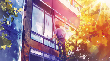 Watercolor Art of a Man Installing New Windows with a Ladder Under a Sunlit Tree. Concept of Home Improvement, Sunlight, Architecture, and DIY Renovation.の写真素材