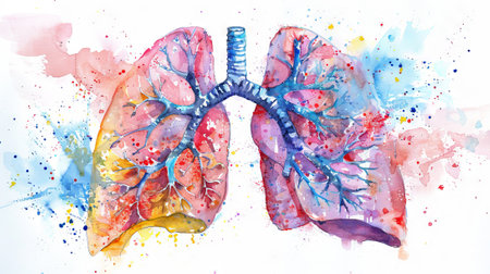 Vibrant Watercolor Illustration of Human Lungs in Pastel Colors Highlighting Artistic Expression and Anatomy Concept.の写真素材