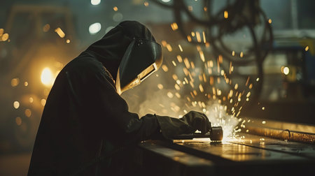 Welder at Work Sparks Creativity in Chaotic Industrial Setting, Concept of Hard Work, Skilled Labor, Metal Fabrication, and Industrial Artistry.の写真素材