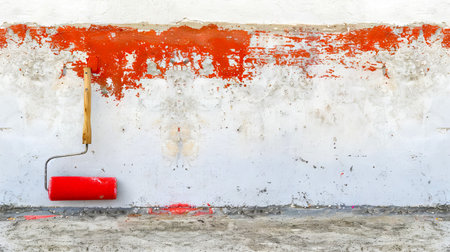 Red Paint Roller Against a Textured White Wall. Concept of Home Renovation, DIY Projects, Color Transformation, Interior Design. Copy space.の写真素材