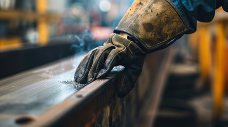 Close-Up of Welder's Hand Adjusting Metal with Protective Glove in Industrial Workshop. Concept of Skilled Labor, Metalworking, Industry Safety, Precision Craftsmanship.の写真素材