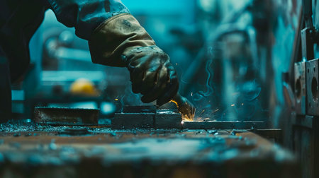 Welder's Hand Adjusting Metal Piece with Sparks Flying in Workshop. Concept of Industrial Work,...