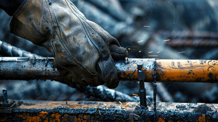 Close-Up of Gloved Hand Welding Metal Pipes with Sparks Flying. Concept of Industrial Work, Skilled Labor, Safety, and Metal Fabrication.の写真素材