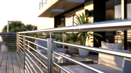 Modern Flat Rooftop Terrace with Sleek Metal Railing and Comfortable Seating Concept of Urban Living, Outdoor Relaxation, Contemporary Architecture.の写真素材