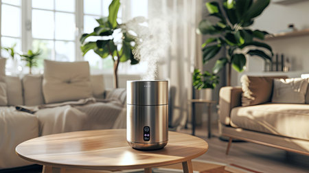 Modern Silver Humidifier Enhancing Air Quality in a Cozy Living Room Setting with Sunlight and Indoor Plants.の写真素材