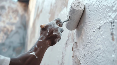 African American Construction Worker Painting a Wall, Emphasizing Hard Work, Skilled Labor, Home Improvement, and the Art of Renovation.の写真素材